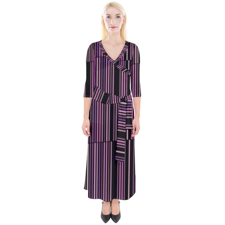 Shades of Pink and Black Striped Pattern Quarter Sleeve Wrap Maxi Dress