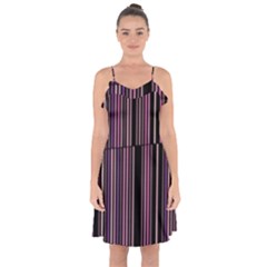 Shades Of Pink And Black Striped Pattern Ruffle Detail Chiffon Dress