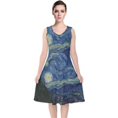 The Starry Night  V-neck Midi Sleeveless Dress  by Valentinaart