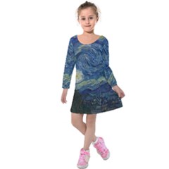 The Starry Night  Kids  Long Sleeve Velvet Dress by Valentinaart