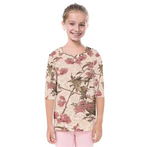 Textured Vintage Floral Design Kids  Quarter Sleeve Raglan Tee by dflcprints