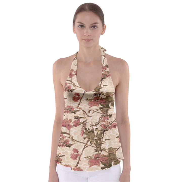 Textured Vintage Floral Design Babydoll Tankini Top