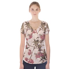 Textured Vintage Floral Design Short Sleeve Front Detail Top by dflcprints