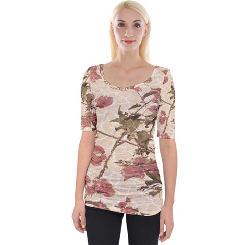 Textured Vintage Floral Design Wide Neckline Tee by dflcprints