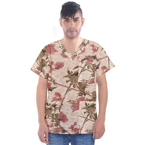 Textured Vintage Floral Design Men s V-neck Scrub Top by dflcprints