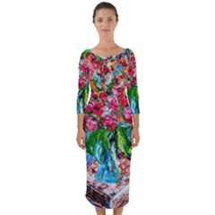 Paint, Flowers And Book Quarter Sleeve Midi Bodycon Dress