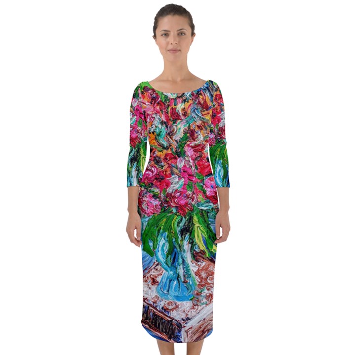 Paint, Flowers And Book Quarter Sleeve Midi Bodycon Dress