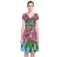 Paint, Flowers And Book Short Sleeve Front Wrap Dress