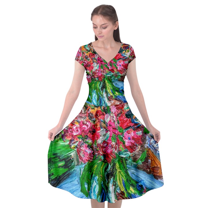 Paint, Flowers And Book Cap Sleeve Wrap Front Dress