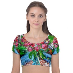 Paint, Flowers And Book Velvet Short Sleeve Crop Top 