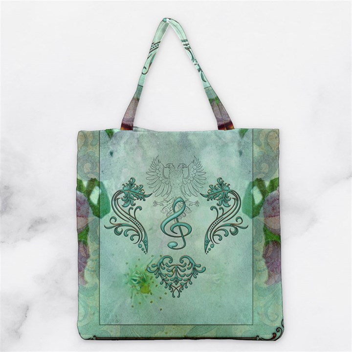 Music, Decorative Clef With Floral Elements Grocery Tote Bag