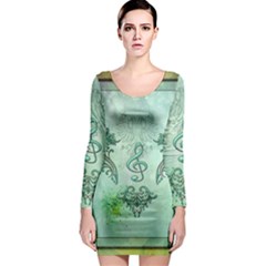 Music, Decorative Clef With Floral Elements Long Sleeve Bodycon Dress by FantasyWorld7