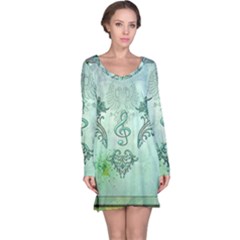 Music, Decorative Clef With Floral Elements Long Sleeve Nightdress by FantasyWorld7