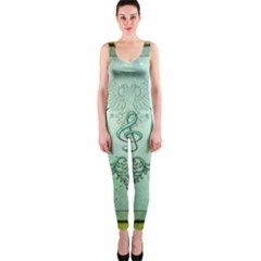 Music, Decorative Clef With Floral Elements One Piece Catsuit by FantasyWorld7