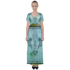 Music, Decorative Clef With Floral Elements High Waist Short Sleeve Maxi Dress by FantasyWorld7