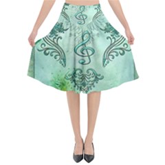 Music, Decorative Clef With Floral Elements Flared Midi Skirt by FantasyWorld7