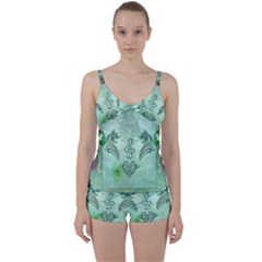 Music, Decorative Clef With Floral Elements Tie Front Two Piece Tankini by FantasyWorld7