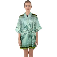 Music, Decorative Clef With Floral Elements Quarter Sleeve Kimono Robe by FantasyWorld7