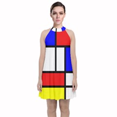 Piet Mondrian Mondriaan Style Velvet Halter Neckline Dress 