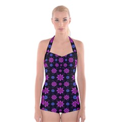 Stylized Dark Floral Pattern Boyleg Halter Swimsuit  by dflcprints