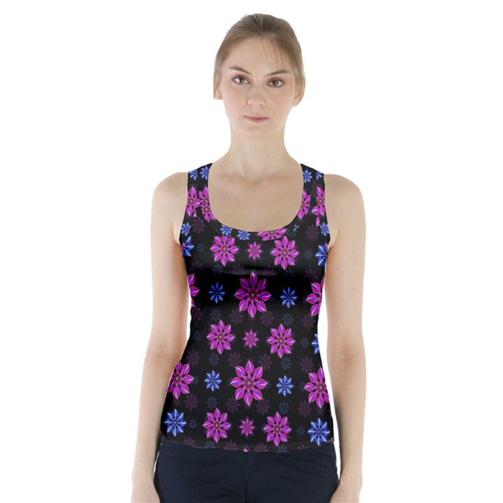 Stylized Dark Floral Pattern Racer Back Sports Top