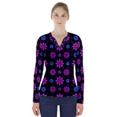 Stylized Dark Floral Pattern V-neck Long Sleeve Top by dflcprints