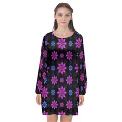 Stylized Dark Floral Pattern Long Sleeve Chiffon Shift Dress  by dflcprints