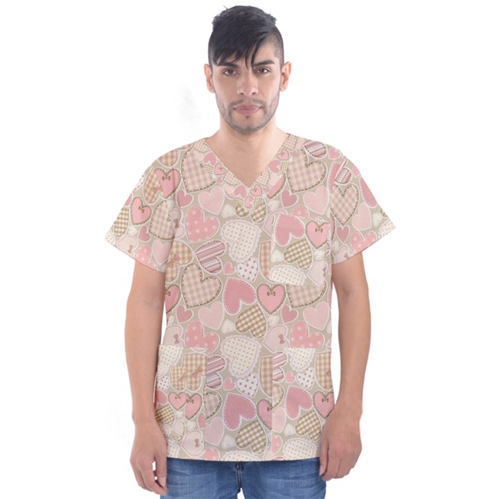 Cute Romantic Hearts Pattern Men s V-Neck Scrub Top