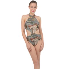 Vintage Map Halter Side Cut Swimsuit