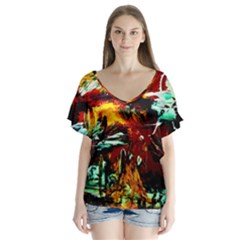 Grand Canyon Sunset V-neck Flutter Sleeve Top by bestdesignintheworld