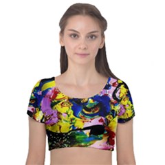 Yellow Roses 2 Velvet Short Sleeve Crop Top 