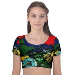 Tumble Weed And Blue Rose Velvet Short Sleeve Crop Top  by bestdesignintheworld