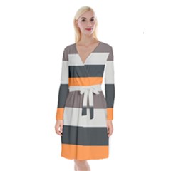 Orange Sand Charcoal Stripes Pattern Striped Elegant Long Sleeve Velvet Front Wrap Dress by yoursparklingshop