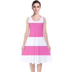 Horizontal Pink White Stripe Pattern Striped V-neck Midi Sleeveless Dress  by yoursparklingshop