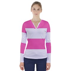 Horizontal Pink White Stripe Pattern Striped V-neck Long Sleeve Top by yoursparklingshop