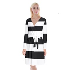 Black And White Striped Pattern Stripes Horizontal Long Sleeve Velvet Front Wrap Dress by yoursparklingshop