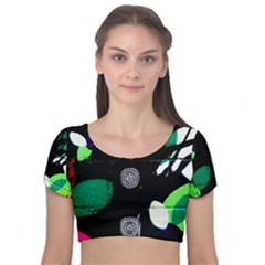 Graffiti On Green And Pink Designs Velvet Short Sleeve Crop Top 