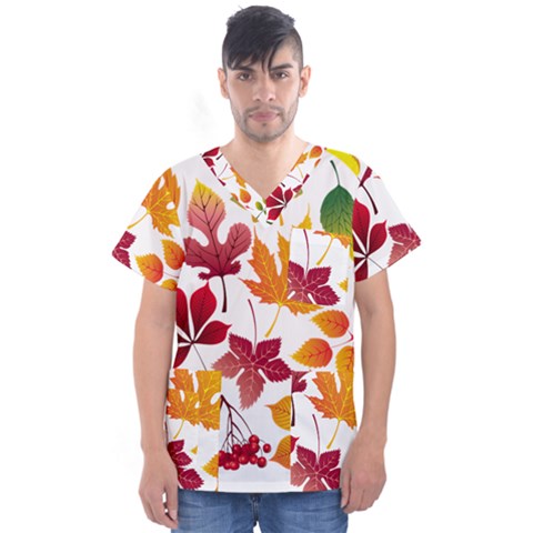 Beautiful Autumn Leaves Vector Men s V-neck Scrub Top by Nexatart