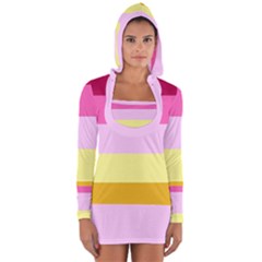 Red Orange Yellow Pink Sunny Color Combo Striped Pattern Stripes Long Sleeve Hooded T-shirt by yoursparklingshop