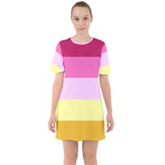 Red Orange Yellow Pink Sunny Color Combo Striped Pattern Stripes Sixties Short Sleeve Mini Dress by yoursparklingshop