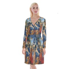 Feast Of The Rosary - Albrecht Dürer Long Sleeve Velvet Front Wrap Dress by Valentinaart