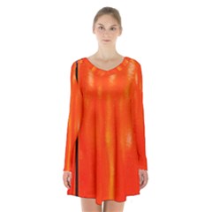 Abstract Orange Long Sleeve Velvet V-neck Dress by Modern2018