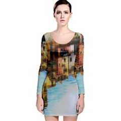 Architecture Art Blue Long Sleeve Velvet Bodycon Dress