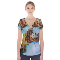 Architecture Art Blue Short Sleeve Front Detail Top by Modern2018