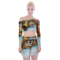 Architecture Art Blue Off Shoulder Top With Mini Skirt Set by Modern2018