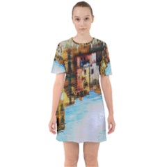 Architecture Art Blue Sixties Short Sleeve Mini Dress