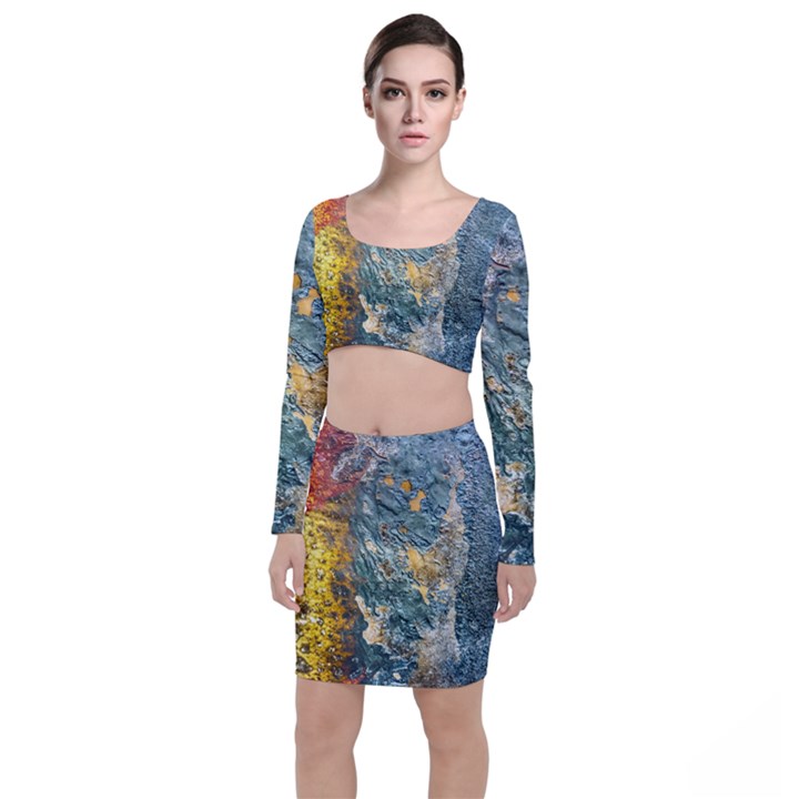 Colorful Abstract Texture  Long Sleeve Crop Top & Bodycon Skirt Set