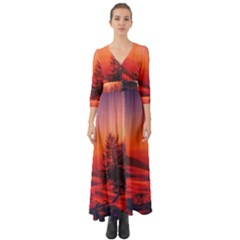 Italy Sunrise Sky Clouds Beautiful Button Up Boho Maxi Dress by Simbadda