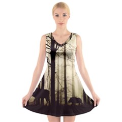 Forest Fog Hirsch Wild Boars V-neck Sleeveless Dress by Simbadda