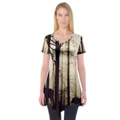 Forest Fog Hirsch Wild Boars Short Sleeve Tunic  by Simbadda